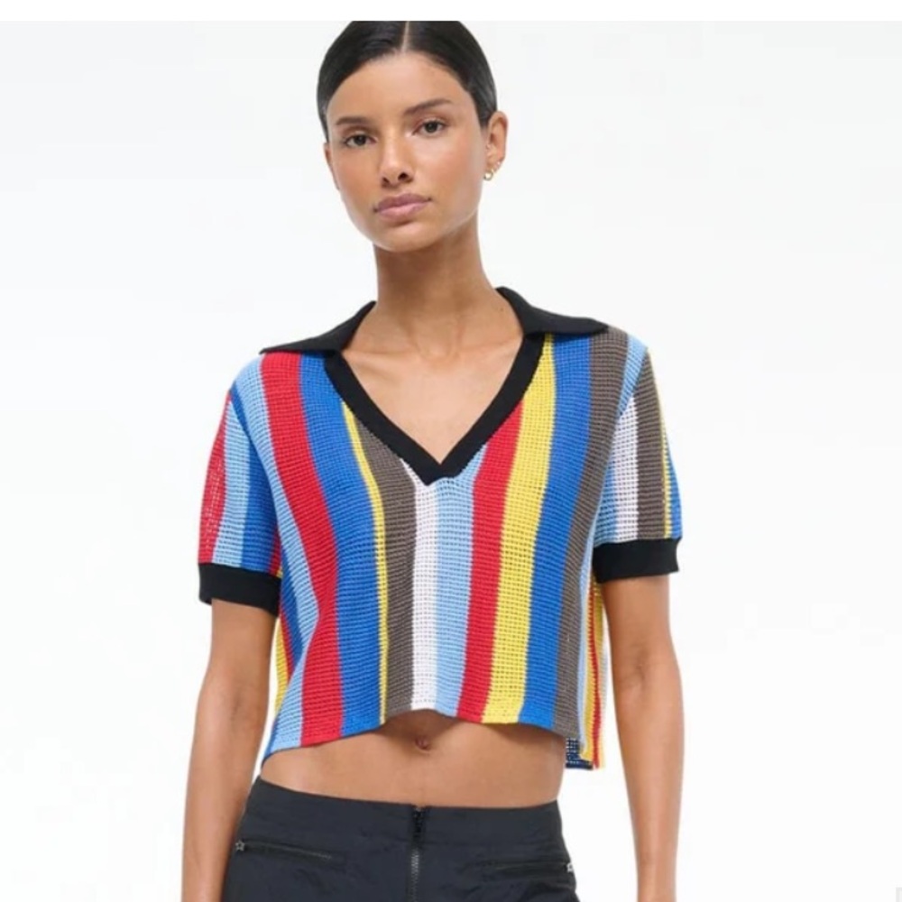STAUD Striped V-Neck Cropped Knit Top - Multicolor